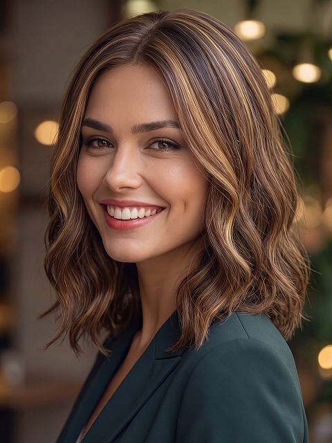Glamvigor Hybrillia Blend Human Hair Gorgeous Warm Medium Brown with Ginger Blonde  long wavy bob Lace Part Wig GLP020