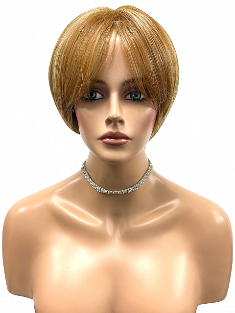 Glamvigor Hybrillia™ Blend Human Hair  Cute Light Brown with Blonde Highlights Short Bob with Bangs  Wig (Basic Cap) GBC010