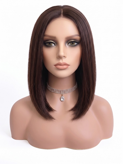 Glamvigor Hybrillia Blend Human Hair Dark Brown base with Light Reddish Brown highlights shoulder-length PRE-CUT Lace Part Wig GLP076