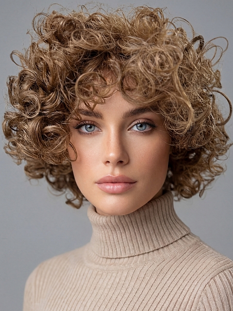 Glamvigor Hybrillia™ Blend Human HairWarm brown Base with Subtle Light Honey Blonde Highlights Spiral-wavy layered bob Wig (Basic Cap) GBC014