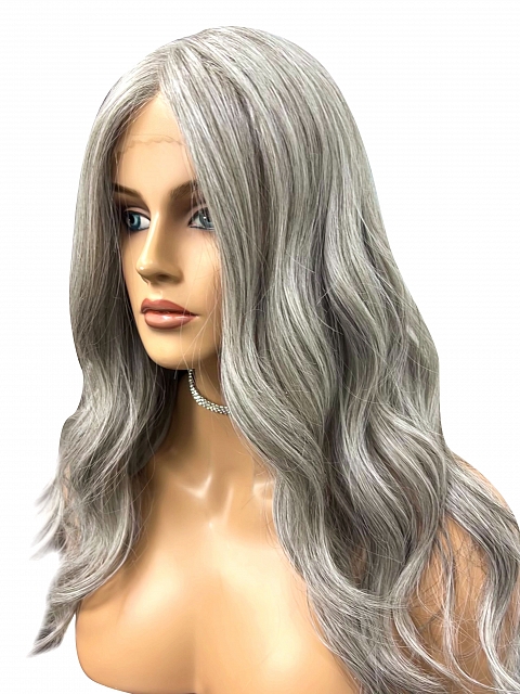 Exquisite grey wavy long-length  Synthetic Lace Part Wig GLP013