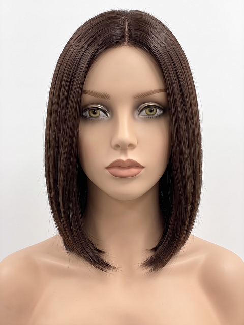 Glamvigor Hybrillia Blend Human Hair Dark Brown base with Light Reddish Brown highlights shoulder-length PRE-CUT Lace Part Wig GLP076