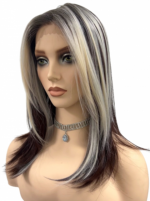 Dark red-brown mix white blonde  Straight synthetic  Lace Part Wig GLP054