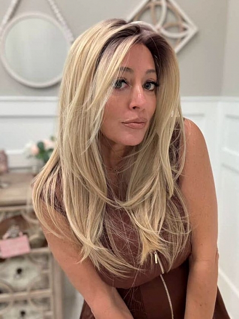 Glamvigor Hybrillia™ Blend Human Hair Trendy blonde ombre with gold highlights Straight  with side bangs Lace Part Wig GLP008