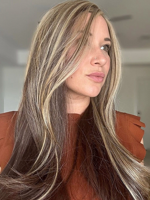 Glamvigor Hybrillia™ Blend Human Hair Warm Brown mixed Blonde long straight layered Lace Part Wig GLP002