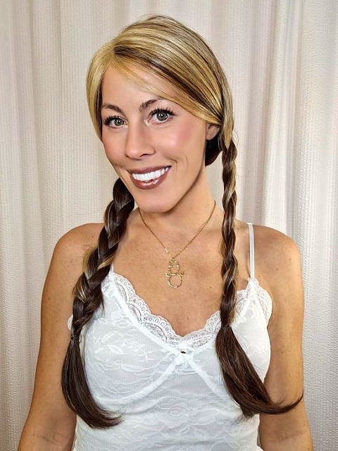 Warm Brown mixed Blonde long straight Synthetic Lace Part Wig GLP002