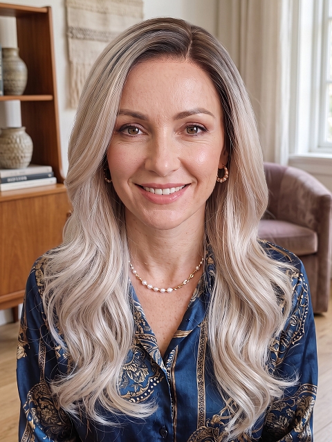 Glamvigor Hybrillia Blend Human Hair Cool Platinum Blonde with Dark Roots  long layered PRE-CUT Lace Part Wig GLP074