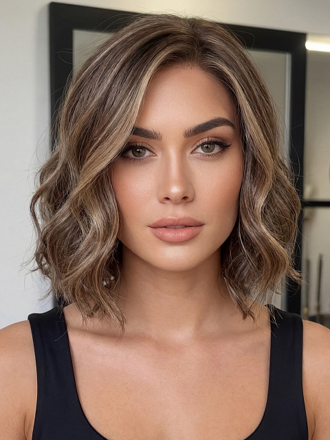 Glamvigor Hybrillia™ Blend Human Hair Brown with Medium Red-Gold Blonde Highlights  carefree wavy layered Lace Part Wig GLP044