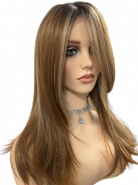 Light Red Brown Gold Blonde Highlights straight long layered   Synthetic Lace Part Wig GLP045