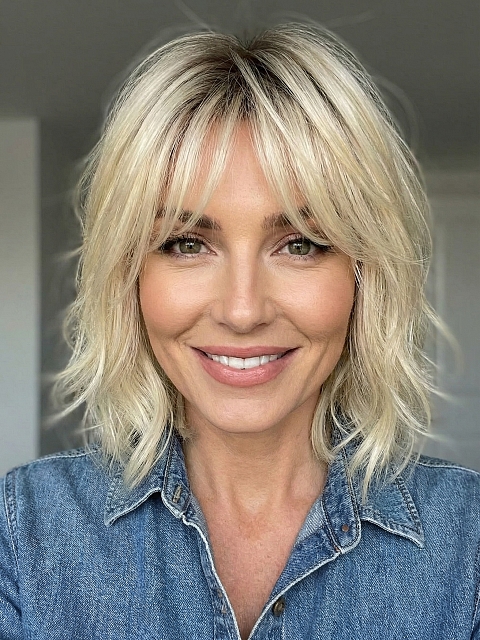 Glamvigor Hybrillia™ Blend Human Hair blonde ombre shoulder-length style with textured waves and a wispy fringe Lace wig GLP069