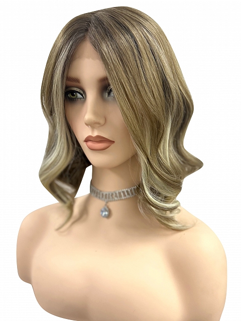 Medium Brown base with Light Golden Blonde highlights loose beach wavy synthetic Lace Part  wig glp041