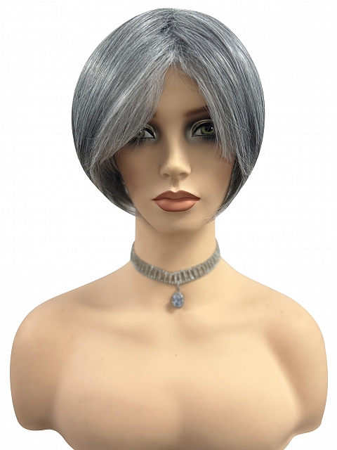 Grey with 40% white Blended short  length with full bangs bob Synthetic Wig (Basic Cap) GBC021