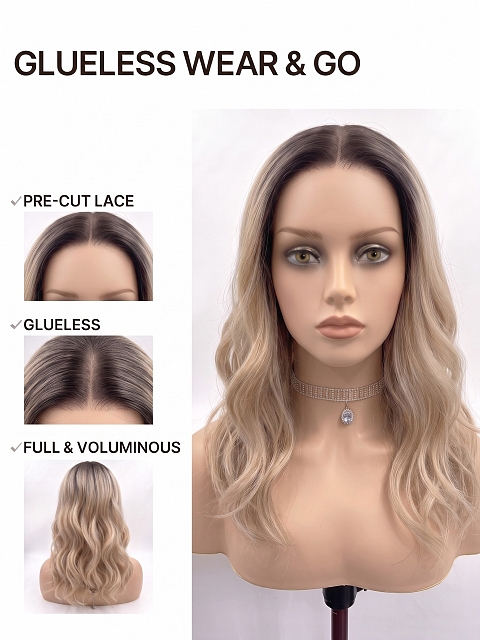 Glamvigor Hybrillia Blend Human Hair Warm Blonde with Dark Roots layered PRE-CUT Lace Part Wig GLP084