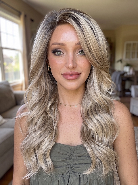 Glamvigor Hybrillia Blend Human Hair Blonde Blend with face-framing layers and soft wavy Lace Part Wig GLP036